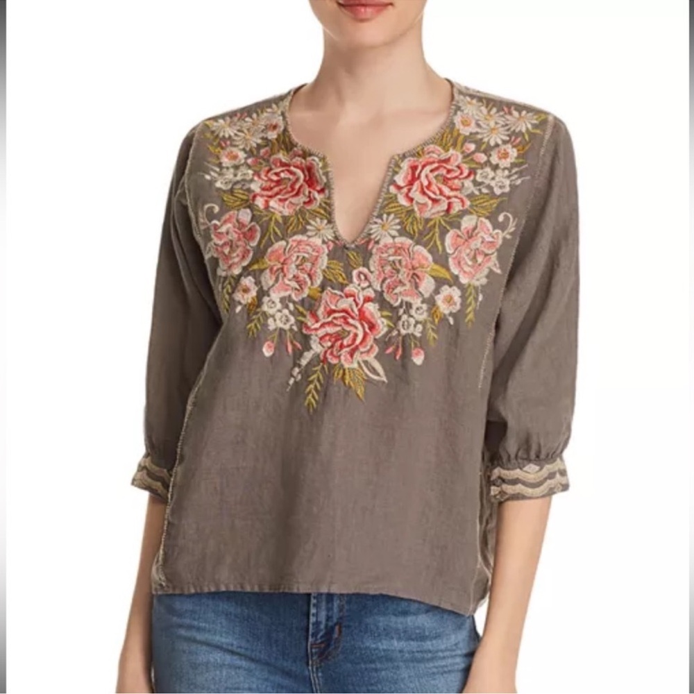 Johnny Was size Med the Cecille boxy Gray Embroidered 3/4 Sleeve Blouse linen